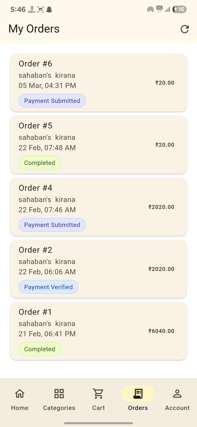 My Orders with status badges