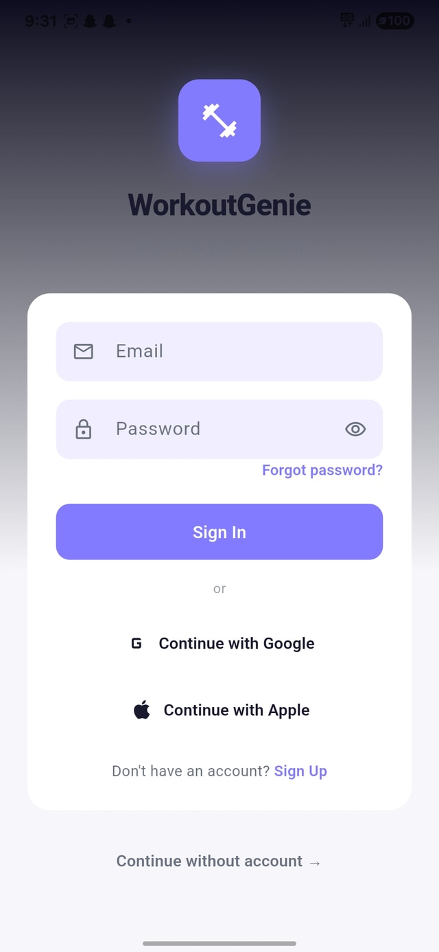 WorkoutGenie login screen